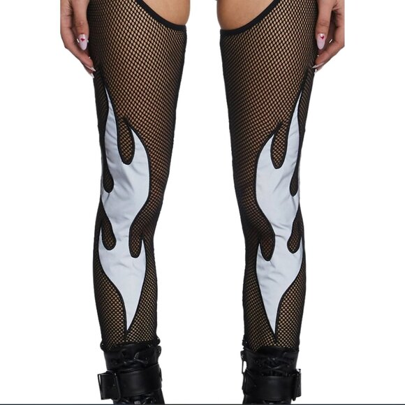 NWT Club Exx Black & Silver High Waist Reflective Fishnet Chaps with Buckle Clos - Picture 5 of 11